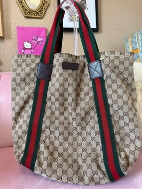 💯 Auth Gucci Vintage Monogram Tote with Red & Green Sherry Web Straps